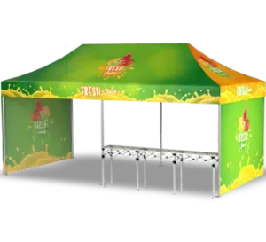 A green canopy tent with FRESH Juice branding, yellow splash graphics, and a fruit logo. The tent has open sides and a counter setup underneath, suggesting use as a juice or food stall.