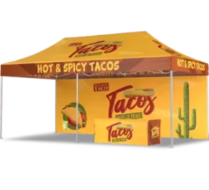A yellow and brown outdoor tent with Hot & Spicy Tacos written on the canopy, taco images, a green cactus graphic, and a matching branded table, set up for a taco stand or food event.