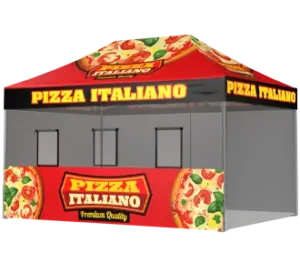 A pop-up food booth decorated with images of pizza slices and bold text reading PIZZA ITALIANO and Premium Quality on a red and black background.
