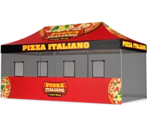 A red and black tent with “Pizza Italiano” written on all sides. The tent features images of pizzas and the “Pizza Italiano” logo, indicating it is used for selling or promoting pizza.