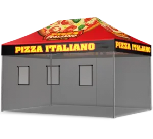 A pop-up tent with a red roof featuring pizza images and the text PIZZA ITALIANO in bold yellow letters on the roof edges. The tent has dark mesh walls and two small rectangular windows.