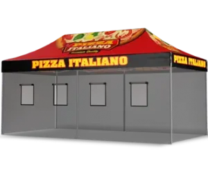 A large red and black outdoor tent with PIZZA ITALIANO written in bold yellow letters on the sides and images of pizza slices on the roof. The tent has three window openings on the front.