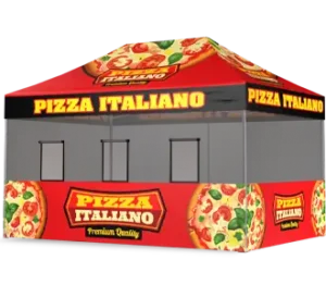 A red pop-up tent with Pizza Italiano and images of pizzas printed on all sides, used as a food vendor booth. The words Premium Quality appear on a black banner below the main sign.