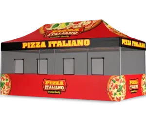 A red pop-up tent with Pizza Italiano in bold yellow letters on all sides, decorated with images of pizza slices and featuring serving windows along the front.