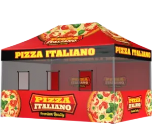A bright red pop-up food stall tent labeled Pizza Italiano Premium Quality, decorated with images of pizzas and bold yellow and white text on all sides, used for selling pizza at events or markets.
