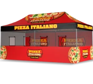 A red food stall tent labeled Pizza Italiano Premium Quality with pizza images on the roof and front panels, designed for serving pizza at events or markets.