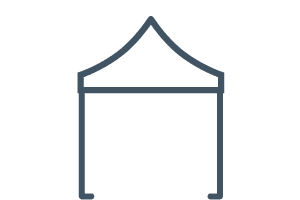Simple line drawing of a pop-up canopy tent with a pointed roof and open sides, depicted in dark blue on a transparent background.