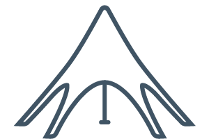 Simple line drawing of a symmetrical tent with curved flaps on either side and a vertical line in the center, resembling the front view of a pitched tent.