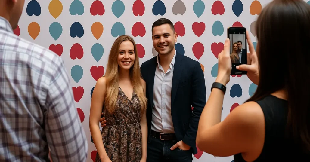 A smiling couple poses together in front of a colorful heart-patterned backdrop while a person takes their photo with a smartphone; another person stands nearby.