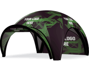 The 17x17 Printed Inflatable Air Dome Tent features geometric green patterns on a dark backdrop with YOUR LOGO HERE displayed prominently on multiple panels.