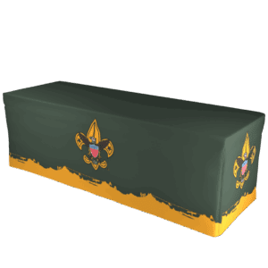 A green table cover with a gold border and the Boy Scouts of America fleur-de-lis logo printed on the front and sides.