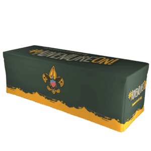 A dark green table cover with gold trim featuring the Boy Scouts of America emblem and the hashtag #ADVENTUREON! in bold letters across the top and sides.