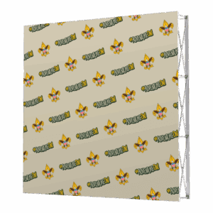 A beige step-and-repeat banner featuring a repeating pattern of a cartoon fox face and the hashtag #ADVENTURECON in bold, green and yellow letters. The banner is mounted on a metal frame.