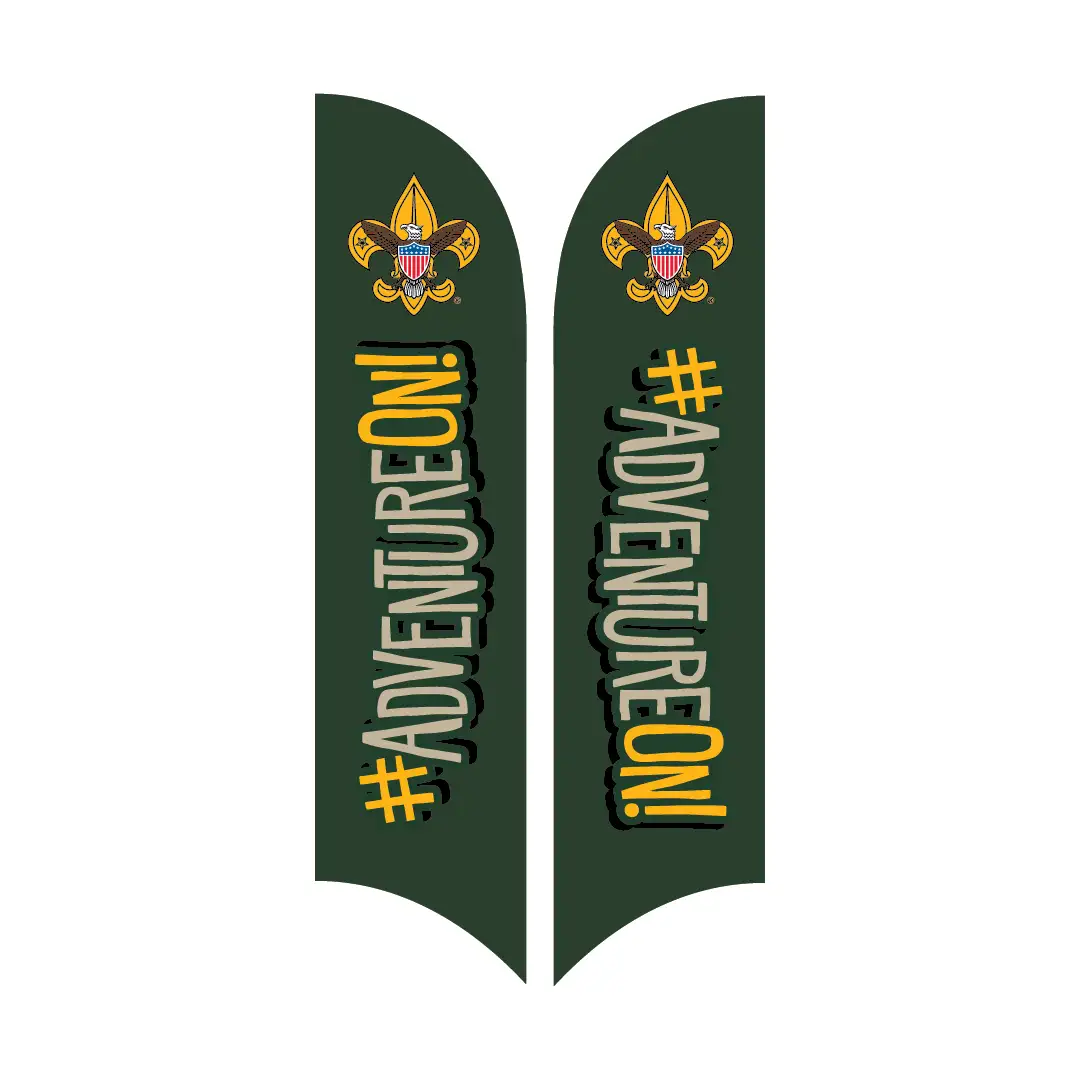 Two vertical green banners with the Boy Scouts of America logo at the top and the text #ADVENTUREON! in bold yellow and white letters running down each banner.