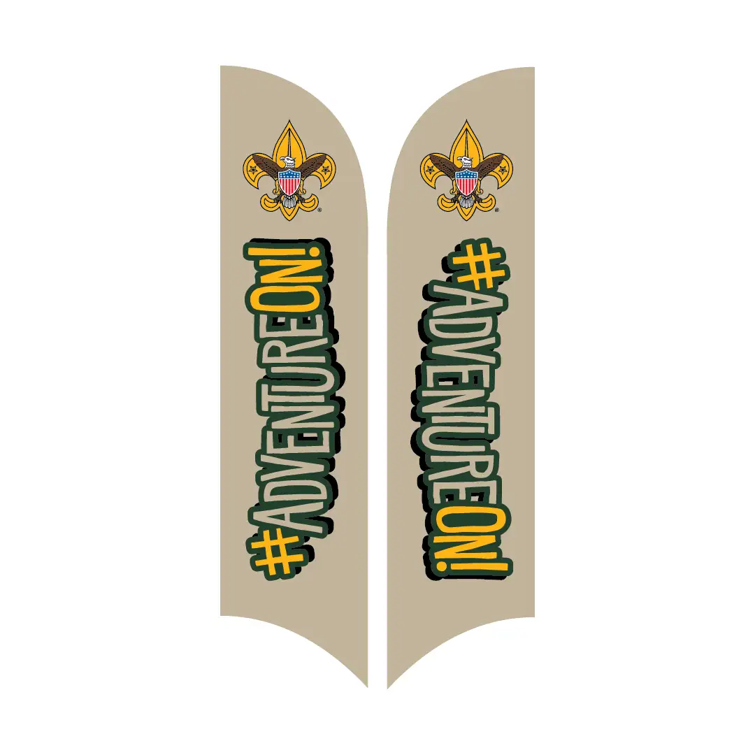 Two beige vertical banners with the Boy Scouts of America fleur-de-lis emblem at the top and the phrase “#ADVENTUREON!” in bold, green and yellow text down the center of each banner.