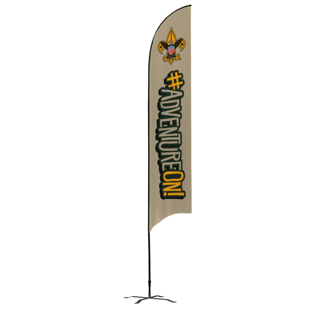 A tall, beige feather flag with the Boy Scouts of America fleur-de-lis logo at the top and the text #ADVENTUREON! printed vertically in bold, black and yellow letters.