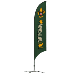 A green feather flag with the Boy Scouts of America logo at the top and the text #ADVENTUREON! in large white and yellow letters running vertically down the flag.