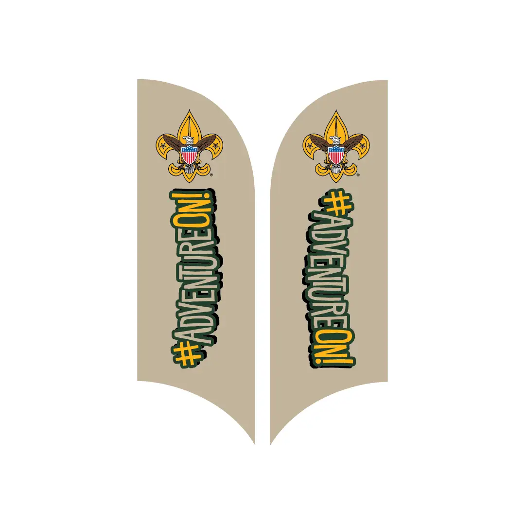 Two tan flags featuring the Boy Scouts fleur-de-lis symbol and the hashtag #ADVENTUREON! in bold, stylized text; one flag shows the text vertically, the other horizontally.