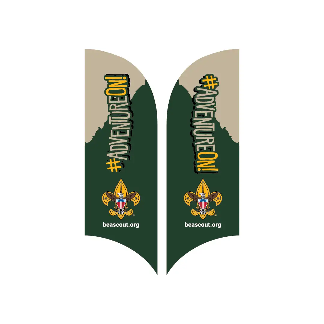 Two green and tan feather-shaped banners display #ADVENTUREON! in bold yellow and white text, with the Boy Scouts of America emblem and beascout.org at the bottom.