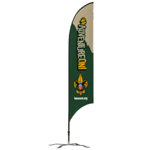 A tall green feather flag with the text #ADVENTUREON! in yellow and white, the Boy Scouts fleur-de-lis emblem, and the website beascout.org near the bottom.