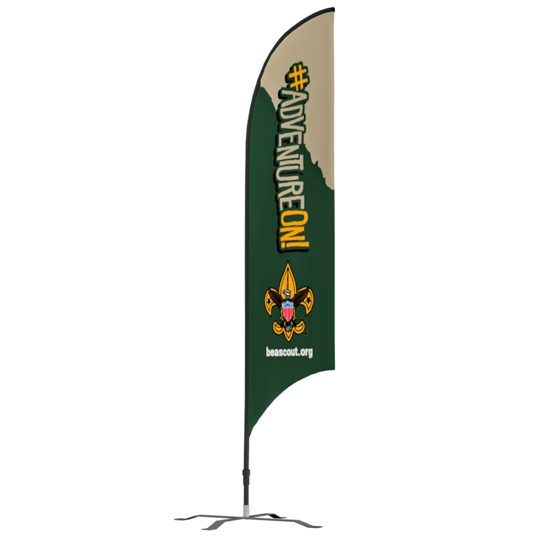 A tall green feather flag with the text #ADVENTUREON! in yellow and white, the Boy Scouts fleur-de-lis emblem, and the website beascout.org near the bottom.