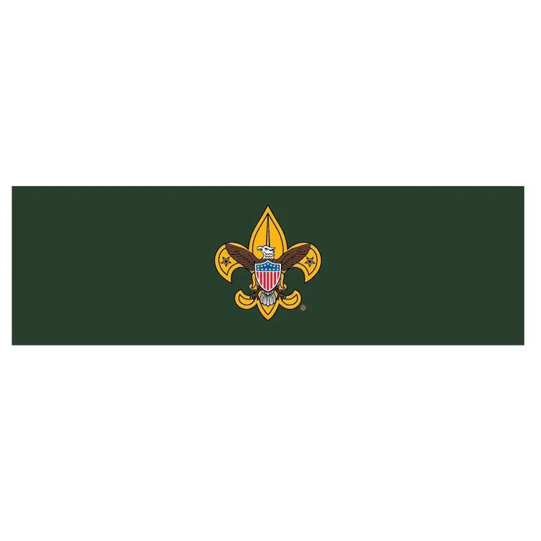 A dark green rectangular banner featuring the Boy Scouts of America logo—a gold fleur-de-lis with an eagle and shield—in the center.