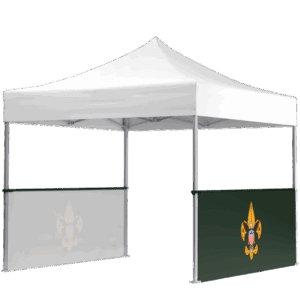 A white outdoor canopy tent with two side panels, one gray and one green, each featuring the Boy Scouts of America fleur-de-lis emblem. The background is plain white.