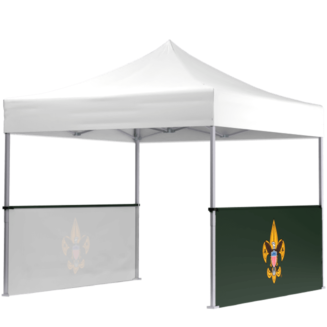 A white outdoor canopy tent with two side panels, one gray and one green, each featuring the Boy Scouts of America fleur-de-lis emblem. The background is plain white.