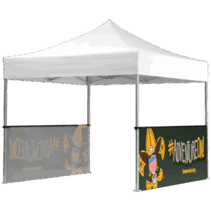 A white pop-up canopy tent with two side banners featuring the Boy Scouts of America fleur-de-lis logo and the hashtag #ADVENTUREON in yellow, along with the website beascout.org.