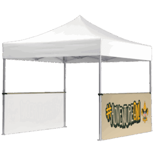A white outdoor canopy tent with a beige side banner displaying #ADVENTUREON! in bold green and orange letters, along with a fleur-de-lis and a scout emblem on the right side.