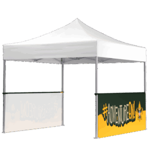 A white outdoor canopy tent with metal poles. Two side banners read #ADVENTUREON in bold yellow and green text with a logo on a yellow and green background.
