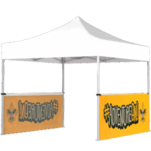 A white pop-up canopy tent with two yellow banners featuring “#AdventureOn!” in bold text and a cartoon wolf on each end. One banner is displayed normally, and the other appears reversed.