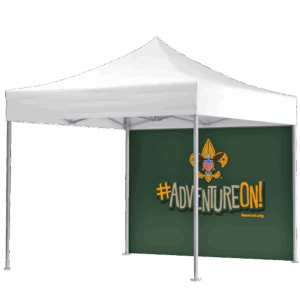 White outdoor canopy tent with a green back wall displaying the Boy Scouts of America fleur-de-lis logo and the text #AdventureOn! beascout.org in bold letters.