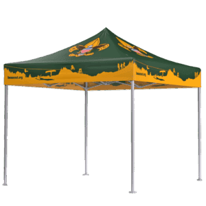 A green and yellow outdoor canopy tent with the Boy Scouts of America logo on top and scout-themed silhouettes along the sides; the website beascout.org is printed on the edge.