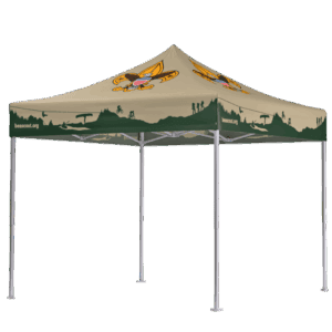 A tan pop-up canopy tent with the Boy Scouts of America logo on the roof and a green silhouette of outdoor scenery around the edges. The tent frame is metallic, and the website beascout.org appears on the valance.