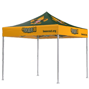 A green and yellow outdoor canopy tent with the Boy Scouts of America logo. The words #ADVENTUREON! and beascout.org are printed on the yellow valance panels. The tent has four silver legs.