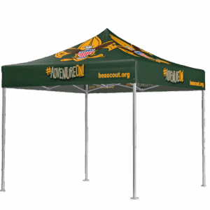 Green pop-up canopy tent with the Boy Scouts of America logo on the roof. The tent reads “#ADVENTUREON!” and “beascout.org” in yellow text on the sides. The frame is metallic and the tent top has a sloped design.