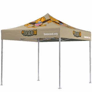 Tan canopy tent with silver legs, featuring a cartoon beaver, outdoor-themed graphics, and the phrases #ADVENTUREON! and beascout.org printed on the sides and top.