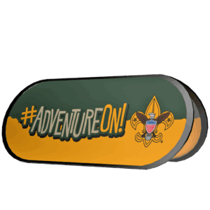 A case with a green and yellow design featuring the text #ADVENTUREON! and the Boy Scouts of America fleur-de-lis emblem.