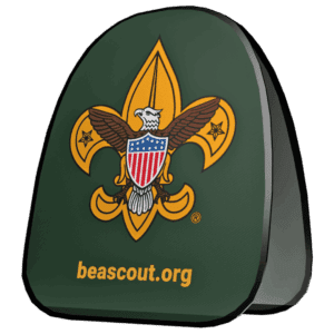 A green sign featuring the Boy Scouts of America fleur-de-lis emblem with an eagle and shield, and the website beascout.org in yellow text below the logo.