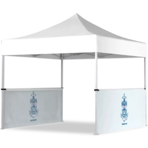 A white outdoor canopy tent with two side panels, each displaying a blue anchor and crest design with text underneath. The tent structure has open sides and a peaked roof.