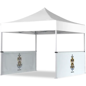 A white pop-up canopy tent with two side barriers, each displaying a crest featuring an anchor and shield. The tent is set against a plain white background.