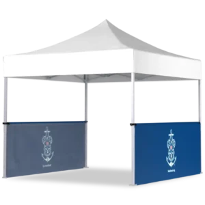A white canopy tent with two blue side panels featuring an anchor and rope emblem in white, likely representing a nautical theme or organization. The tent has an open front and sides.