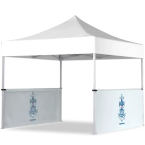 A white outdoor canopy tent with two side panels displaying a navy-themed logo featuring an anchor and crossed swords. The tent is open at the front and has a peaked roof.