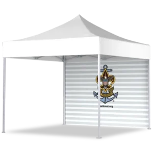 A white outdoor canopy tent with a logo on the back wall featuring an anchor, a ship wheel, and a fleur-de-lis. The background of the wall has light gray horizontal stripes.