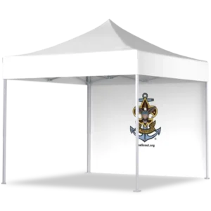 A white outdoor canopy tent with four legs and a pointed roof. The back wall features the Sea Scouts emblem, which includes an anchor, eagle, and ships wheel, along with the text SeaScout.org.