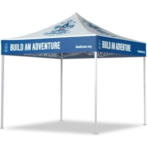 Blue and white outdoor canopy tent with BUILD AN ADVENTURE and SeaScout.org printed on the trim, and a nautical anchor logo on the roof.