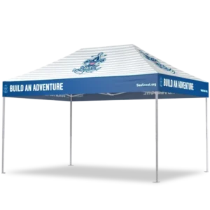 A blue and white pop-up canopy tent with the Sea Scouts logo on top and the words BUILD AN ADVENTURE printed along the blue trim on the sides.
