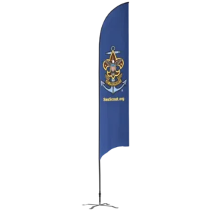 A blue banner with the Sea Scouts logo and the text SeaScout.org stands next to stacked blue benches, forming an L-shape.