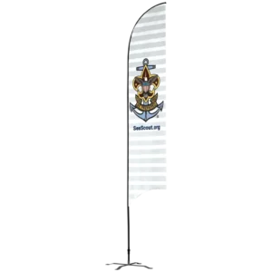 A feather flag with the Sea Scouts logo and the text SeaScout.org on a white background with horizontal gray stripes. The base of the flag is black.